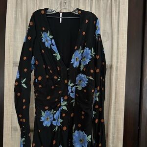 Free people Black Dress with Blue Floral and polka Dots